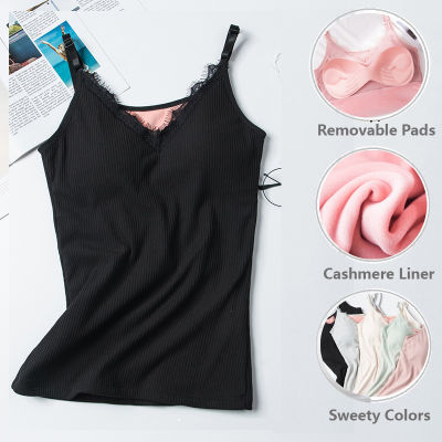 Women Sexy Cotton Cami Tops With Built In Bra Cashmere Thermal Underwear Lace Basic Shirt Girls Slim Body Shaper Tank Tops