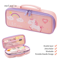 Metagio กระเป๋าดินสอผ้าใบน่ารัก,กระเป๋าใส่ปากกายูนิคอร์นความจุขนาดใหญ่มัลติฟังก์ชั่นกระเป๋าใส่เหรียญแต่งหน้ารูปหมีไดโนเสาร์พร้อมช่องสำหรับเด็กผู้หญิงวัยรุ่นผู้ใหญ่