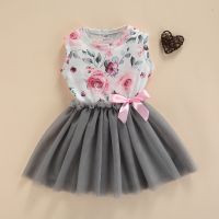 Little Girls Tulle Dress Cute Sleeveless Crew Neck Floral Print Bow Front Tutu Dress 1-6Years