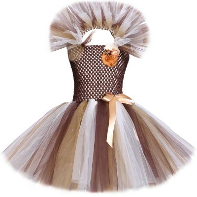 Wild Lion Mane Tutu Dress Brown Flowers Baby Girls Party Dresses Children Clothes Animal Cosplay Halloween Lion Costume for Kids