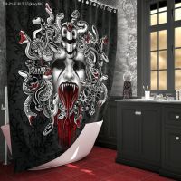 【CW】ஐ✴  Gothic Shower CurtainNu Goth DecorHorror Halloween Art-Screaming Medusa   Skull Black White Snakes Curtains