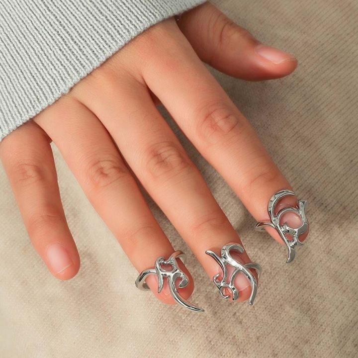 เครื่องประดับแฟชั่นเรียบง่ายของเด็กผู้หญิงแนวพังค์ของ-jon09แหวนปลายแหวนเล็บมือเงินแหวนป้องกันเล็บสำหรับผู้หญิงแหวนเปิด