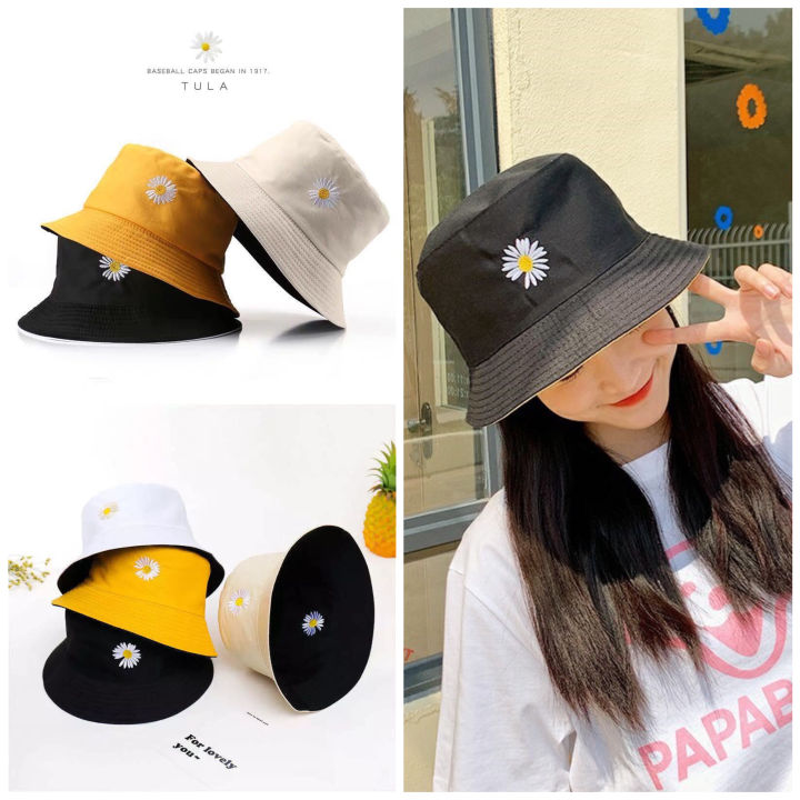 Korean Hat Topi Korean Summer Bucket Hat Kpop Daisy Smile Design ...