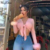 Hugcitar 2019 long sleeve fur V-neck wrapped bandage sexy crop tops autumn winter women streetwear club party outfits T-shirts