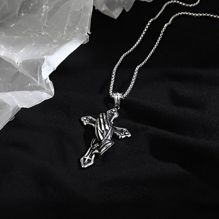 light-amp-z-new-hands-praying-cross-retro-hip-hop-necklace-europe-and-the-united-states-plated-925-thai-silver-black-non-peeling-pendant