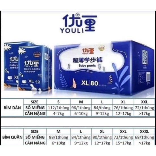 Bỉm youli xanh cao cấp quần đủ size m96 miếng, l84 miếng , xl76 miếng - ảnh sản phẩm 1