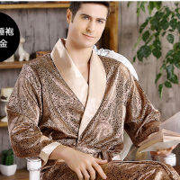 Satin Silk Mens Printed Sleepwear Bathrobe High-quality Nightwear Lingerie Navy-blue Nightgown Pajama Sleep Tops Robe 4XL 5XL