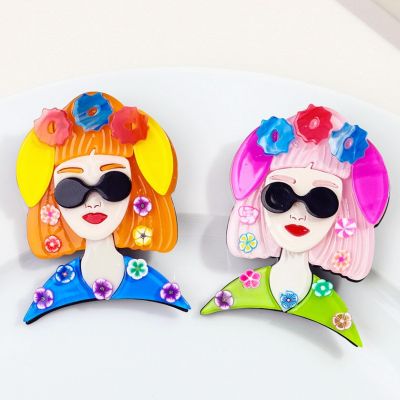 New Fashion Glasses Girl Acrylic Brooches for Women Cute Colorful Flowers Dopamine Girls Brooch Badge Pins Jewelry Accessories