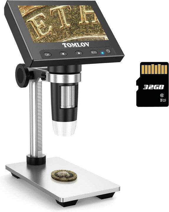 tomlov-dm4-coin-microscope-1000x-4-3-inch-lcd-digital-microscope-with-metal-stand-8-leds-photo-video-capture-for-adult-kids-observing-coin-plant-rocks-pcb-windows-compatible-sd-card-included