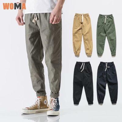 WOMA กางเกงคาร์โก้ชาย เลกกิ้ง กางเกงสแล็คทรงหลวมสีทึบกางเกงเชือกผูกผู้ชายญี่ปุ่นเทรนด์วัยรุ่น