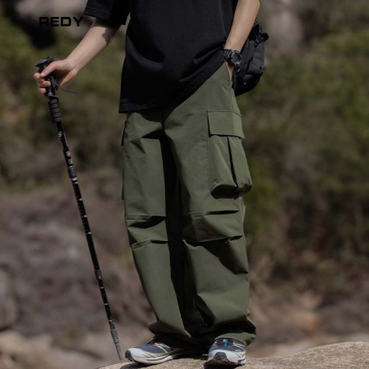 redy-กางเกงทำงานชายสามมิติมีกระเป๋าอัดพลีทกางเกงหลวมทรงตรงที่ทันสมัย