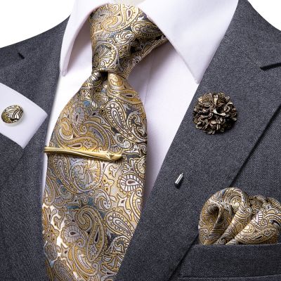 Hi-Tie Yellow Brown Paisley Tie For Men Silk Men 39;s Tie Clip Gift For Men Luxury Necktie Hanky Cufflinks Set Formal Wedding