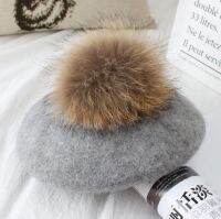 GZ002 Women Pompom Berets Caps Winter Female Ladies Girls Casual Warm Raccoon Fur pom pom Cashmere Wool Berets Hat