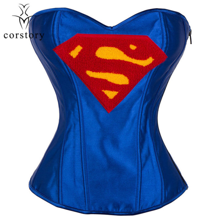 2021Corstory Sexy Superwoman Costume Blue Satin Bustier Waist Trainer Burlesque Gothic Corset Kawaii Steampunk Clothing For Women
