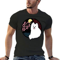 New Happy Spitz Dog &amp; Sakura - Japanese Kirie Paper Cutting Art Style (สีดำ) เสื้อยืดกราฟิก T Shirt Mens Vintage T Shirts