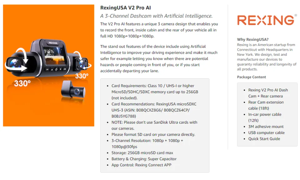 RexingUSA V2 PRO AI Dash Cam 3-Channel Front/Cabin/Rear 1080p