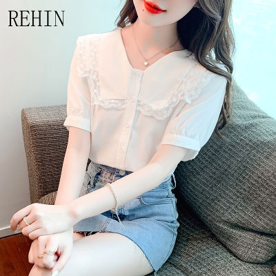 REHIN เสื้อสไตล์เกาหลีแบบใหม่แขนพองหวานสำหรับผู้หญิง,เสื้อแขนสั้นผ้าชีฟองทรงหลวมคอตุ๊กตาแฟชั่นฤดูร้อน