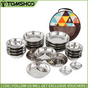 CLS 22PCS Portable Dinner Plates Camping Tableware Set Polished Stainless