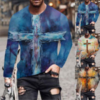 เสื้อยืดลำลองเรียบง่ายแฟชั่นพิมพ์ลายดิจิตัล3D สำหรับผู้ชายเสื้อยืดแขนยาวและเสื้อเชิ้ตคอกลมเสื้อคอวีสำหรับผู้ชาย