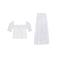 【Ready】? First Love Dress Fairy Dress Hollow Out Embroidery Puff Sleeves Square Collar Shirt Female Design Short Top Skirt Two-piece Set