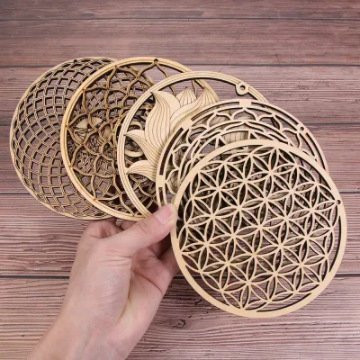 New Chakra Flower of life Natural Symbol Wood Round Edge Circles Carved Coaster For Stone Crystal Set Home Kitchen DIY Decor