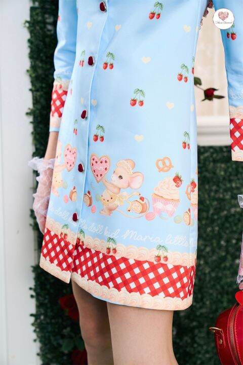 mariadiamond-x-littledoll-kids-dress-สีฟ้าลายสก๊อตชุดเดรสสั้นเเขนยาวพิมพ์ลาย-ติดกระดุมหน้าหัวใจ