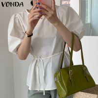 Vonda เสื้อเบลาส์ลําลอง แขนสั้น คอกลม จับจีบ สีพื้น สไตล์เกาหลี สําหรับผู้หญิง