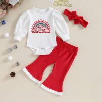 Christmas 0-2Y Baby Girls Outfits Letter Print Ribbed Long Sleeves Romper And Flared Pants Headband Fall Clothes