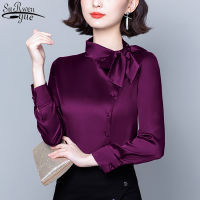 2023 Fashion Office Lady Elegant Youth Blouse for Womens Satin Shirts Solid Long Sleeve Bow Stand Collar Stylish Silk Top 10461