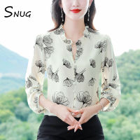 SNUG เสื้อชีฟองระดับไฮเอนด์2023แฟชั่นแบบใหม่ในฤดูใบไม้ร่วงสไตล์ตะวันตกสำหรับสตรีพิมพ์ลายเสื้อแขนยาวลดอายุเสื้อเชิ้ตผ้าชีฟองเข้าได้กับทุกชุด