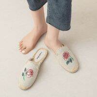 Straw slippers female embroidery 2023 chun xia fashionable new leisure flax linen embroidered female half drag comfortable absorbent