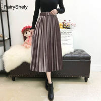 FairyShely 2020 Vintage Velvet Pleated Long Skirt Women High Waist Midi Skirt Korean Black Elastic Band Belt Maxi Skirts Womens