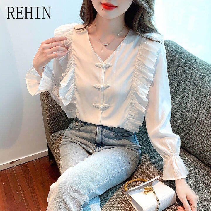 rehin-เสื้อแขนยาวผ้าชีฟองสีขาวสำหรับผู้หญิง-เสื้อผู้หญิงมาใหม่ล่าสุดฤดูใบไม้ร่วงการออกแบบที่ไม่เหมือนใครฝรั่งเศสเสื้อนางฟ้าหวานชิค