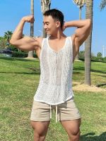original Mr. Hui spring and summer hollow vest mens big slit loose sports breathable fitness muscle sleeveless vest trendy