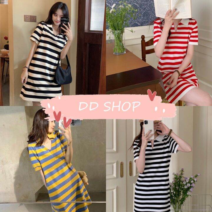 DD SHOP'พร้อมส่ง' 88611 ชุดเดรวไหมพรม คอปกแขนสั้น ลายทางน่ารักสไตล์