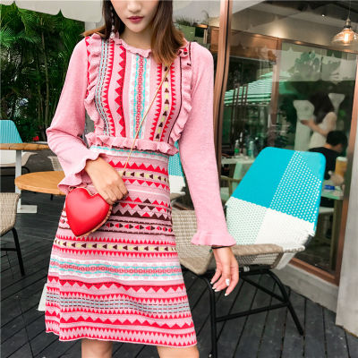 Autumn New Fashion Stylish Runway Dress Women Striped Knitting Flare Sleeve rainbow stripe sweater Dress High quality