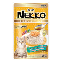 อาหารแมวแบบเปียก Nekko ปลาทูน่าหน้าปลาแซลมอนในน้ำเกรวี่ น้ำหนัก 70 กรัม 12 ซอง