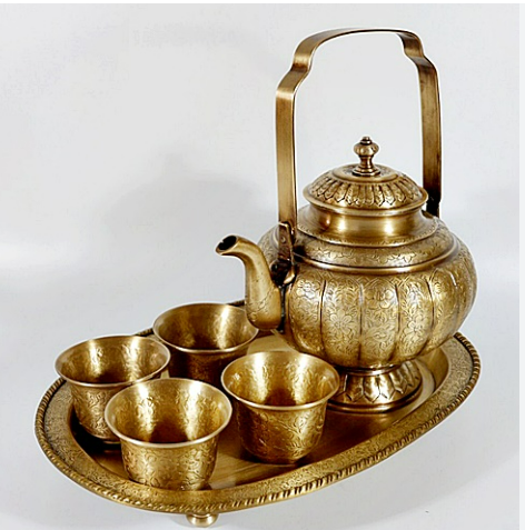 ชุดน้ำชากาโบราณ-ทรงฟักทองตอกลาย-ถาดน้ำชาทองเหลืองรูปไข่-8-x-12-นิ้ว