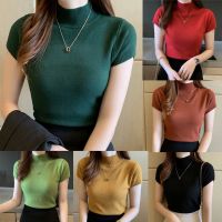 (Brand-new womens clothing)【Hot】แฟชั่นถักยืด T เสื้อลำลองผู้หญิง Tshirt เซ็กซี่ Tops สุภาพสตรีฤดูร้อน Tops หญิงเสื้อแขนสั้น Blusas Pullover