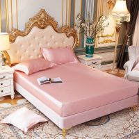 ☬⊕ Bedsheet Satin Silk Fitted Sheet High End Solid Color Mattress Cover Elastic Band Bed Sheet