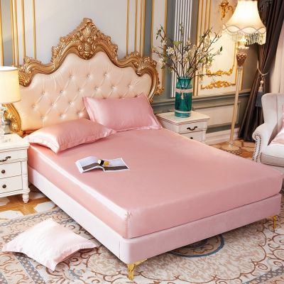 ☬⊕ Bedsheet Satin Silk Fitted Sheet High End Solid Color Mattress Cover Elastic Band Bed Sheet