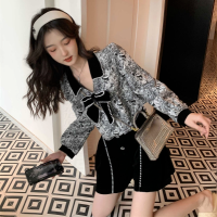 Nomikuma Chic 2022 Spring Women Sets Korean Printed Bowknot Turn-down Collar Sweet Tops + High Waist Wide Leg Shorts Outfits