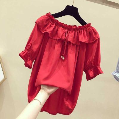 เสื้อทรงพองสวมหัวหลวมเสื้อเชิตเวอร์ชั่นเกาหลีเสื้อชีฟองชุดผ้าชีฟองเปิดไหล่ผู้หญิงเสื้อชีฟองสีแดง