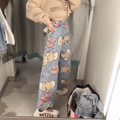 Personality cartoon women jeans new autumn and winter fashion loose high waist jeans street clothes printed straight leg pants
