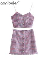 Aonibeier 2022 Spring Women Casual Traf Camisole Tweed Woolen Plaid Faux Pearls Straps Crop Tops + Mini Skirt Slim 2 Piece Sets