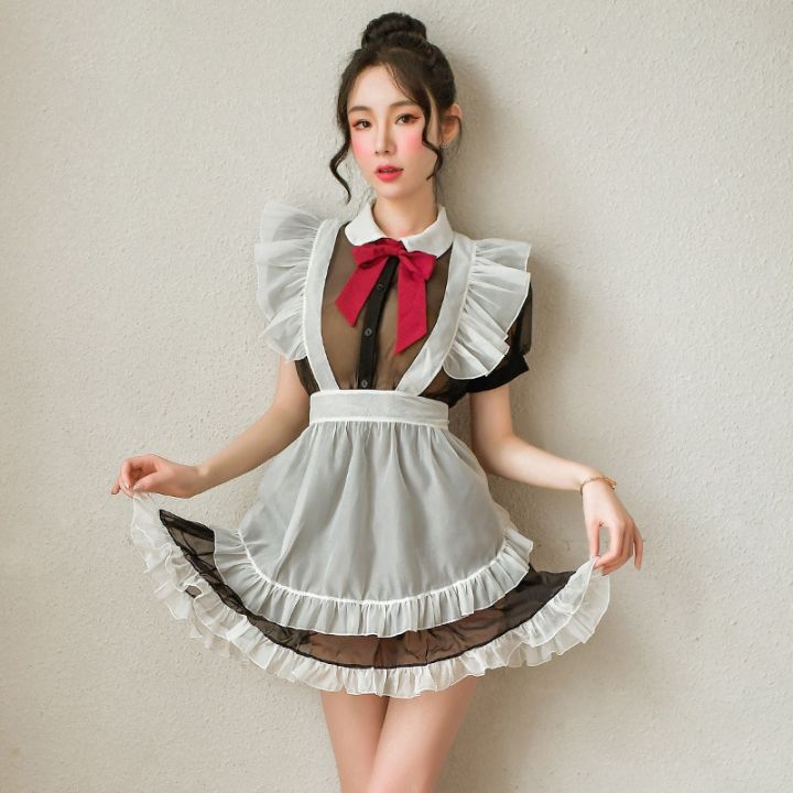 Sexy Lingerie Sweet Maid Dress Uniform Suit Lace Temptation Bandage Apron Mesh Gauze Perspective 