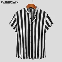 Medussa INCERUN Mens Short Sleeve Collarless Striped Printed Casual Shirts Henley T Shirt Blouse