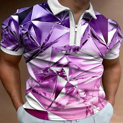 Purple Edge Surface 3D Print Polo Zipper Short Sleeve Shirt for Men