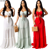 CM.YAYA Women Solid Beach Bohemian Maxi dress Bow Strapless Crop Top Cascanding Ruffles Long Skirt Suit Two Piece Set Tracksuit