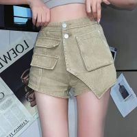 กางเกงขาสั้น European and American style tooling denim shorts womens summerimrror high waist a-line wide-leg pants hot pants